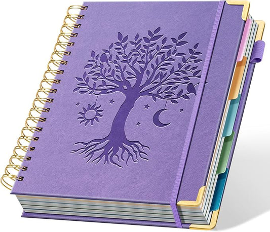 Ovesmusl Hardcover Spiral Notebook 8" x 10" with 5 Removable Dividers 300 Pages Leather 5 Subject Notebook College Ruled 100GSM Large Spiral Notebooks for Work Thick Lined Journal for Women, Purple