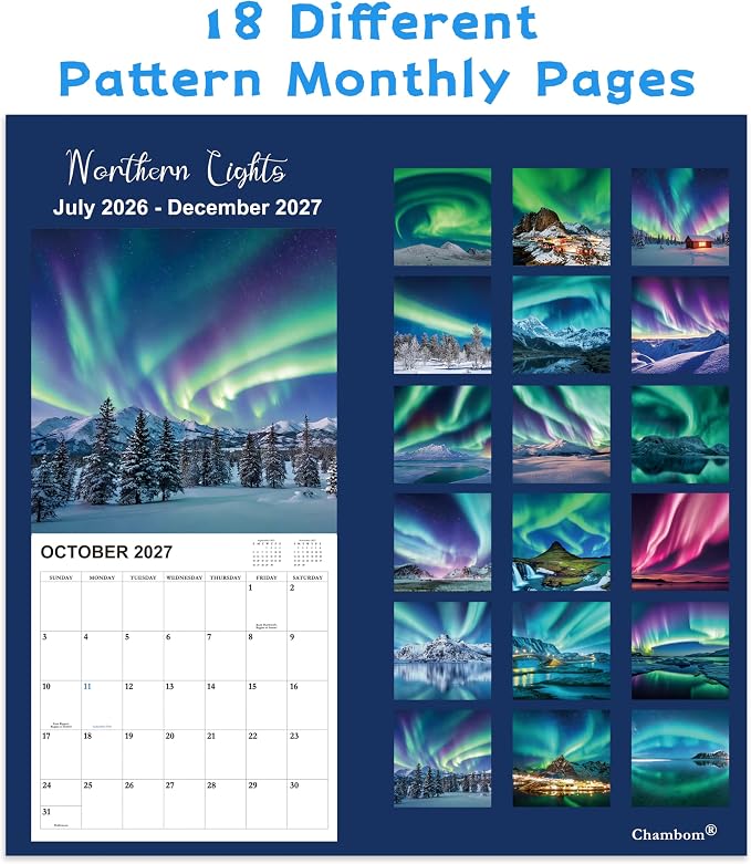 2026-2027 Calendar - 18-Month Wall Calendar 2026-2027 from Jul. 2026 - Dec. 2027, Wall Calendar 12" x 24"(open), Calendars with Unruled Blocks, Holidays, Thick Paper for Organizing & Planning - Northern Lights
