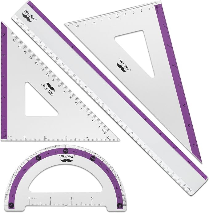 Mr. Pen- Metal Geometry Kit, 4 Pack, 45° & 30°/60° Set Squares | 6" Protractor & 12" Ruler, Durable Metal Drafting Tools for Technical Drawing, Math, Engineering & Architecture