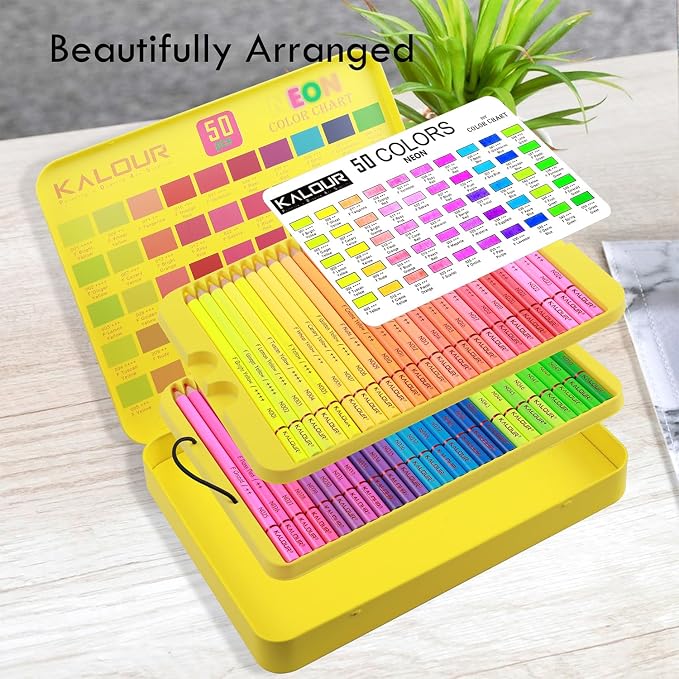 KALOUR PDAS 50 Neon Colored Pencils for Adult Coloring Books, Fluorescent colored Professional Drawing pencils Set Art Supplies Kit for Adults Beginners Artists, Soft Core