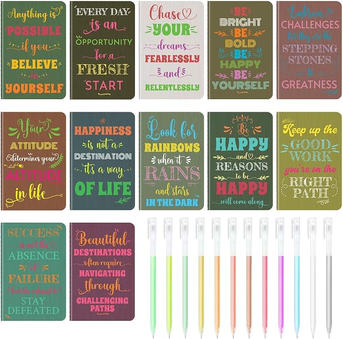 12 Pcs Mini Inspirational Notebooks Bulk with 12 Colorful Pens， 3.5"x5.5" | Small Pocket Journal Notepads Set, Motivational Bulk Gifts for Women Men Teacher Students Kids, End of School Year Gift Bulk