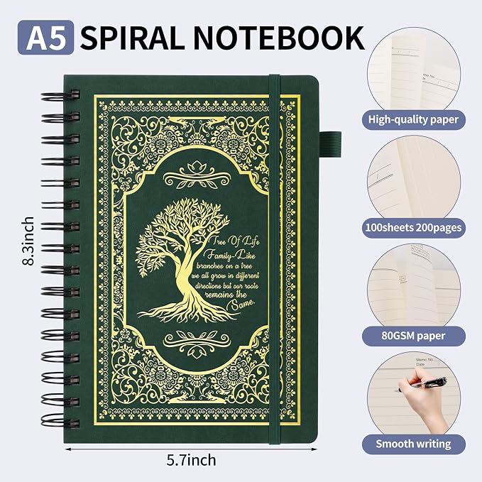 A5 Hardcover Spiral Notebook Tree of Life Journal Daily Journals for Writing Travel Notebooks Journal for Women Men 80GSM Paper Leather Spiral Journal,5.7"x8.3"（Spiral Tree -Green)