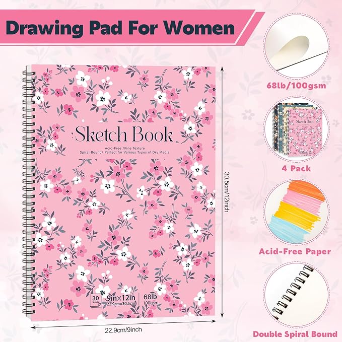 4 Pack Sketch Book, 9 x 12Inch Sketchbook, 68lb/100gsm Spiral Bound Sketch Pad, Acid Free Art Supplies Drawing Painting Sketching Paper for Woman Artists (30 Sheets Each)