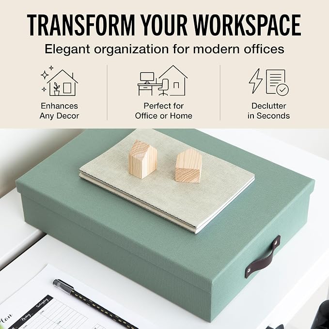 Bigso Oskar Canvas Fiberboard Document Letter Box for Important Paperwork A4 or Letter Size - Durable Keepsake Box with Lid and Leather Handle - 3.3in x 10.2in x 13.8in - Soft Teal