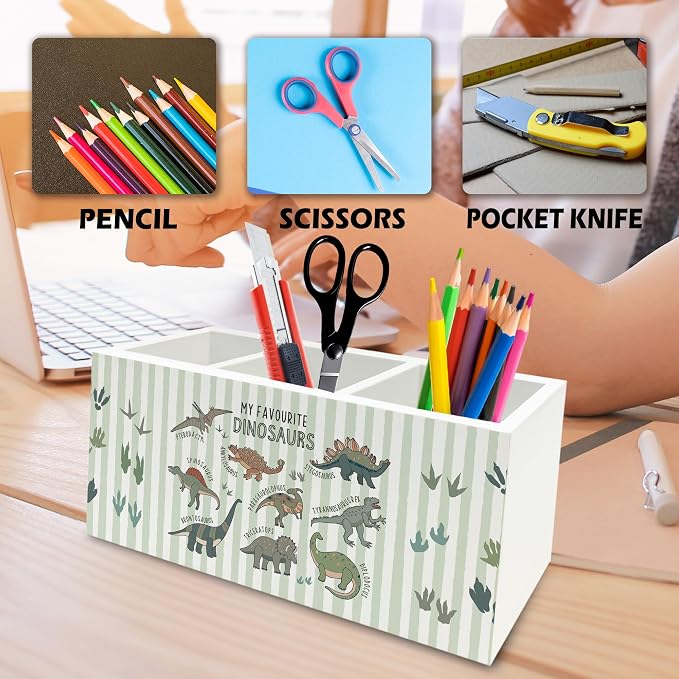Dinosaur Pen Pencil Holder Organizer for Desk, Dino Type Educational Neutral Striped Wooden Box Signs Decorations for Kids Boy Nursery Room Classroom Desk Tabletop, Dinosaur Gifts for Kids