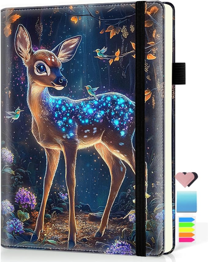 Hardcover Executive Notebooks, A5 PU Leather Lined Journal Notebook, 200 Pages Thick Paper Subject Notebooks for School,Work,Home Writing Business Notebook, Diary Book, Flash Deer in Forest