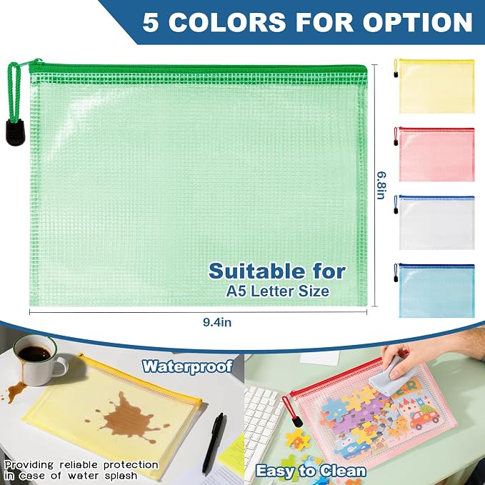 MAQIHAN Mesh Zipper Pouch Bags - A5 Clear Zipper Pouches for Organizing | 5 Pack Reusable Zip Pouch, Clear Mesh Bag for Office, Travel, Puzzles, Cosmetics, Documents, Files, Storage Supplies