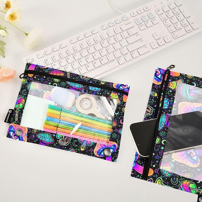 Magic Mushrooms Pencil Pouches for 3 Ring Binder 2 Pack | Binder Pencil Case With Zipper Reinforced GrommetsPencil Bags for Office Organizers