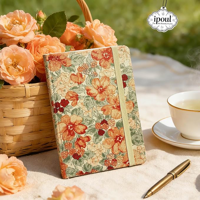 ipoul Writing Journal for Women, Cute Notebook, Lined Paper, A5, 6"x8", Hardcover, Lay-flat, Camellia Flower, Orange
