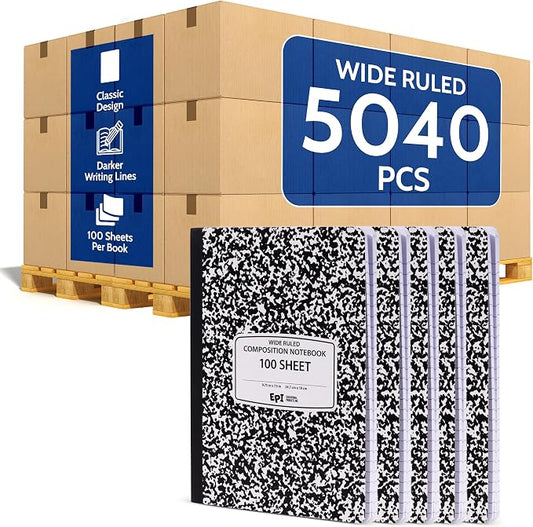 5040 Pack (Pallet) EPI Wide Ruled Composition Notebook Bulk, 200 pages (100 Sheets), 9-3/4 x 7-1/2, Black Marble, Bulk School Supplies, Heavy Duty, Durable Office Notebooks, Sturdy Sewn Binding