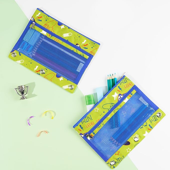 WAWSAM Game Pencil Pouch for 3 Ring Binder, Zipper Pencil Pouch for Boys | 2 Pocket Clear Window Pencil Case, 3 Ring Pencil Pouch for School Supplies, Pencil Bags for Office College