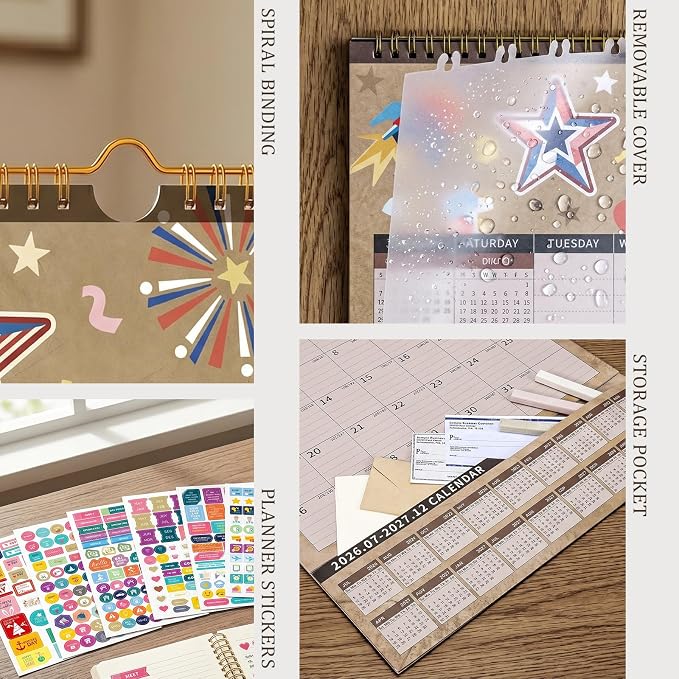 Ospelelf Wall Calendar 2026-2027 with Storage Pockets 17" X 22" Monthly Large Planner Pad Includes Stickers for Family Fridge Office Teacher School Use July 2026 to December 2027 Kraft Season
