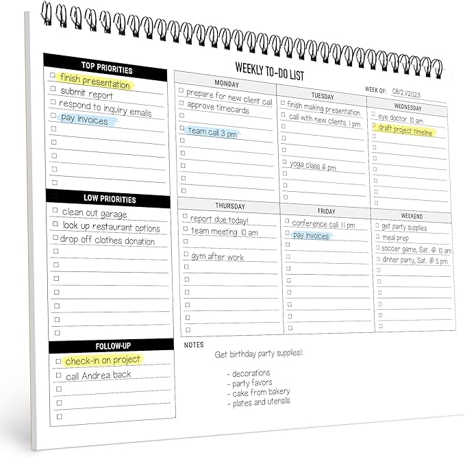 Weekly Planner To Do List Pad - 8.5x11" 52 Sheets Spiral - Desk Notepad | with Multiple Sections, Undated Planning Notebook Checklist, Todo List Agenda Plan, Notebook for Work