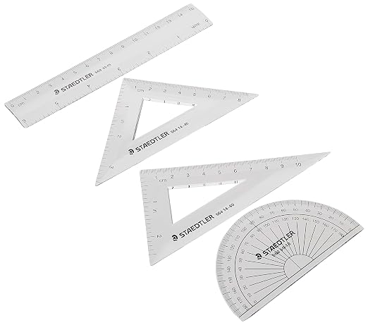 STAEDTLER Math Set - 4 pc Geometry Kit for Students - School Supplies with Clear Protractor, 6in Ruler & 2 Triangles – Metric & Imperial Scales
