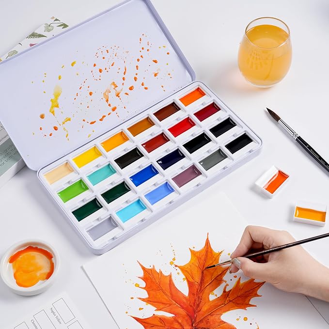Fuumuui 24-Color Opaque Semi-Solid Watercolor Paint Set - Timeless Tones Professional Art Supplies with Strong Pigments & Coverage, for Artists Beginner Painters Amateur Hobbyists Painting