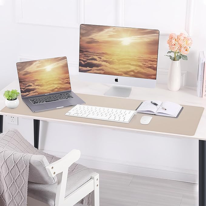 AFIING Leather Desk Mat, Beige, 31.5" x 17",Desk pad Protector | Dual-Sided Cork & PU Leather, Large Mouse Pad, Non-Slip & Waterproof