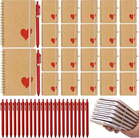 Fulmoon 24 Set Red Heart A6 Spiral Notebook with Ballpoint Pens 50 Sheets, 4"x 6" Small College Ruled Notepads Heart Journaling Notebooks Bulk Team Gifts for Women Back to School Supplies