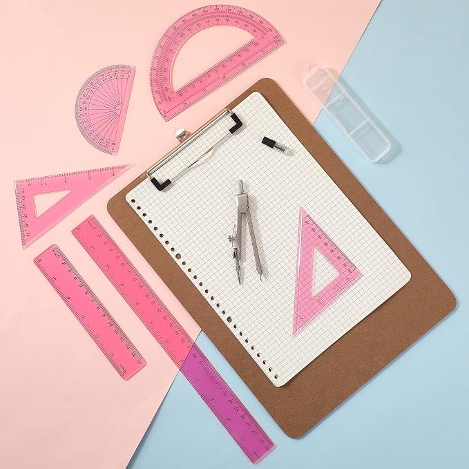 Zonon 7‑Piece Geometry Set with Drawing Compass, 6 & 4 Inch Protractors, Triangle Rulers and Straight Rulers, Transparent Math Drafting Supplies for Back to School, Students and Office Use(Pink)