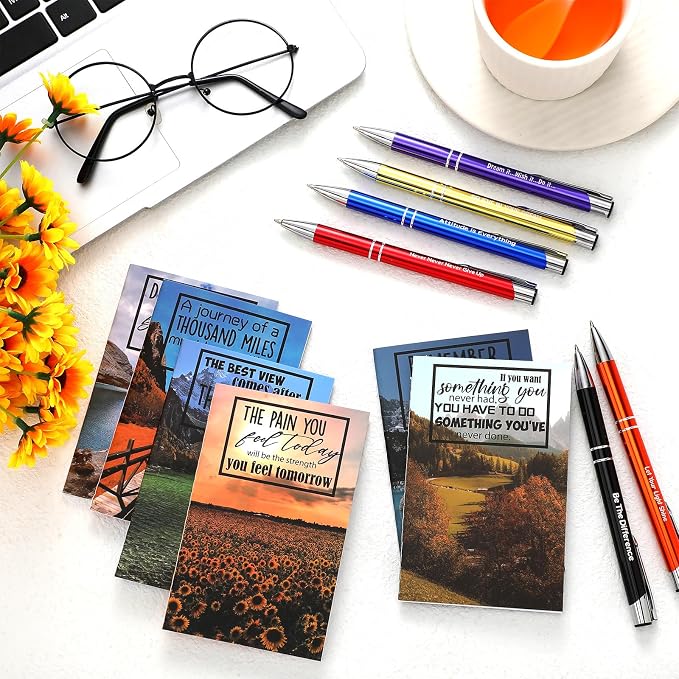 Geyee 24 Pcs Mini Motivational Pens Inspirational Notepads Bulk Appreciation Gifts Small Journals Funny Ballpoint Pen Set Prizes Men Women Office Travel Party Favors(Scenery)