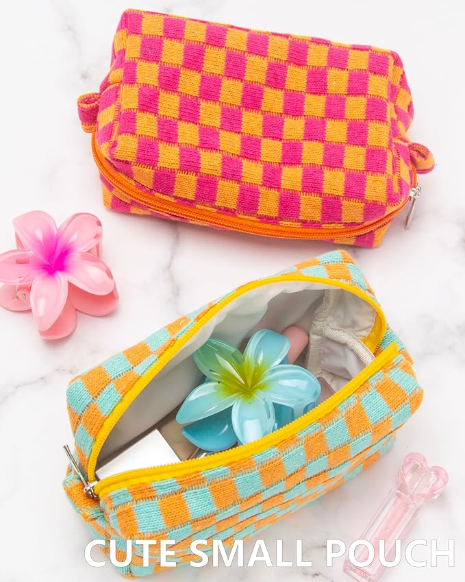 Checkered Makeup Bag for Purse, Small Travel Cosmetic Pouch,Orange Green | Cute Zipper Makeup Organizer for Women, Travel Essentials, Toiletries, Makeup Brushes, Beauty Accessories&Bridesmaid Gifts