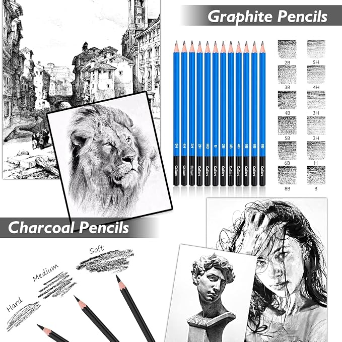 Caliart 176PCS Art Supplies Sketching Kit, 100 Sheets 3-Color Sketch Book | Graphite Colored Charcoal Watercolor & Metallic Pencils, Drawing Supplies Set Gifts for Artists Adults Teens Girls Boys Kids