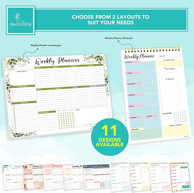 Decorably 52 Sheets Forest Green Undated Weekly Planner Tear Off Pad - 11x8.5in Spring-Bound Desk Notepad, for Focus, Priorities, to-Do List, Habit Tracker, Agenda, Notes - Home, School, Office