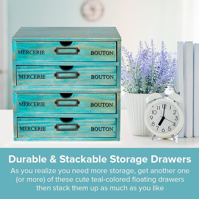 Turquoise 2-Tier Drawer Unit - European Country Style Desk Organizer Box - 9.7x7x5.1" Teal Wooden Stackable Drawers - Countertop Organizer Drawers w/Label Holder - Double File Drawer Unit