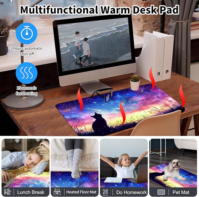 Heated Desk Pad Mouse Pad,Heated Desk Mat,with 3 Heating Levels & 3 Hours Auto Shut-Off,Leather 23.6"*14.2" Gaming Mouse Laptop Mat,Foot Warmer,Colorful Galaxy Cat