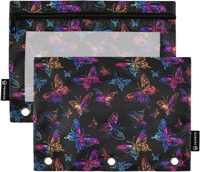 Binder Pencil Pouches Neon Color Butterflies Pen Case | Clear Window 3 Rings, Cosmetic Bags School Office Supplies Cosmetic Makeup Bag 2 Psc