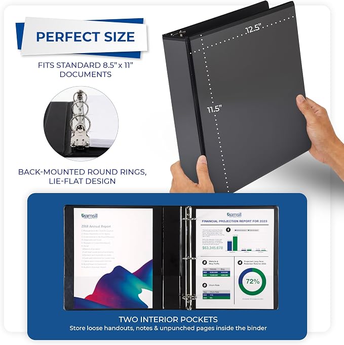 Samsill 1.5 Inch 3 Ring Binders, Economy Round Ring, Clear View Cover, 325 Sheet Capacity - for School, Home, Office - Black, 6 Pack