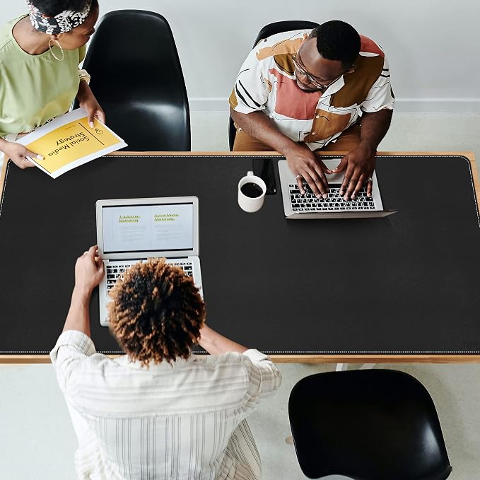 CENNBIE Leather Desk Mat, 63" x 31.4" Large Desk Pad Protector (Black) | Premium stitched edges resist wear. Easy to clean. Protects desk from spills, stains & scratches. Smooth glide. Office & home