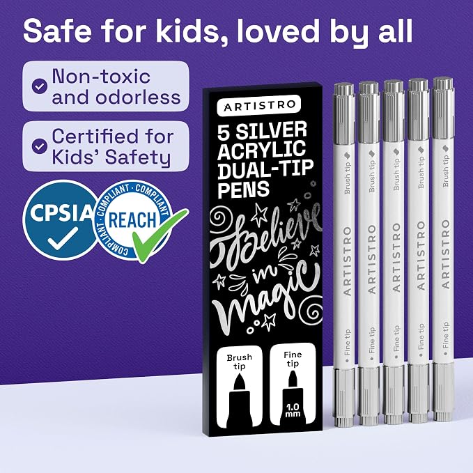 ARTISTRO 5 Silver Acrylic Paint Markers - Paint Pens for Drawing - For Fabric, Rock, Glass, Wood, Molds - Arts & Crafts Gift for Adults, Teens, Kids, Classroom Must Haves & School Supplies