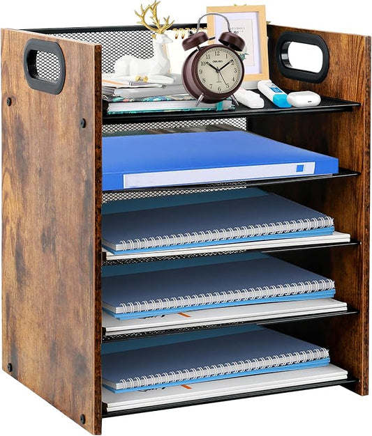 Desk Organizer - 5-Tier Desktop File Organizer, Wooden Paper Tray Organizer, Office Desk Organzier and Accessories for Papers, Mail, Notebooks, Stationery