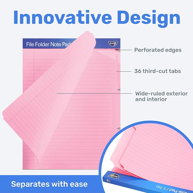 Find It File Folder Notepad, 36-Ct 3rd-Cut Tab Organizer Folders, Pink | Wide-ruled clipboard-style pages, tear-out perforated sheets, great for office, home, and school filing organization