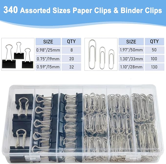 340Pcs Black Paper Clips and Binder Clips Assorted Sizes, Large Medium Small Binder Paper Clips Office Clips Office Supplies, Assorted Paper Clamps PaperClips for Home Office Supplies in a Container