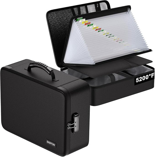 ENGPOW Fireproof Document Box with Lock,5200℉ Multi-Layer File Organizer | Soft Case,with 25 Pocket Accordion File Folder,Water Resistant,Storage for Important Documents,Laptop,for Home Office Travel