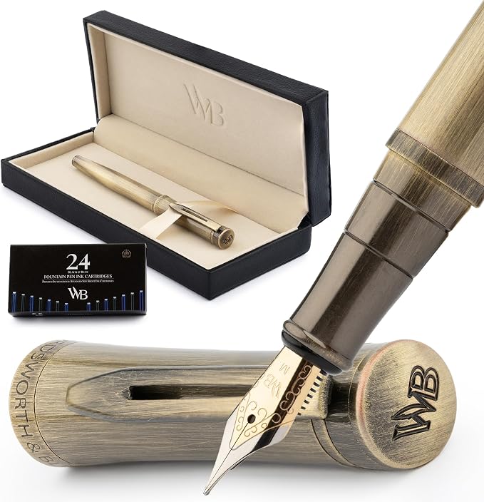 Wordsworth & Black Luxury Fountain Pen Set for Writing, Medium Nib, Bronze | Gift for Men & Women, Brass Body, 18K German Iridium, Calligraphy, Converter + 24 Ink Cartridges, Refillable, Leak-Free