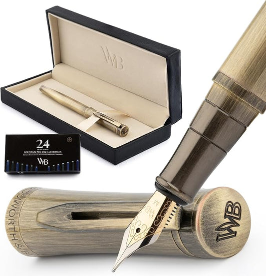 Wordsworth & Black Luxury Fountain Pen Set for Writing, Medium Nib, Bronze | Gift for Men & Women, Brass Body, 18K German Iridium, Calligraphy, Converter + 24 Ink Cartridges, Refillable, Leak-Free