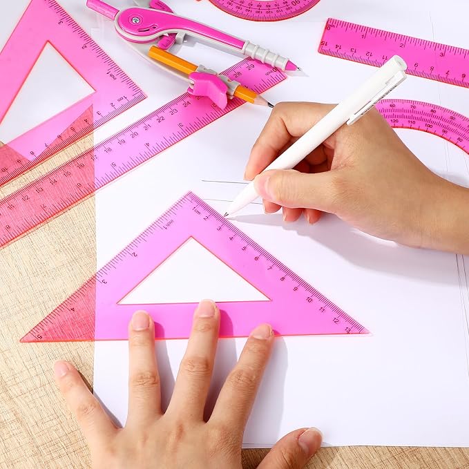 Zonon 1 Set Plastic Geometry Math Set 7 Pcs Includes 6'' / 4 '' Protractor, Drawing Compass, 45/60 Degree Triangle Rulers, 12'' / 6'' Math Ruler Transparent for Office Supplies(Pink)