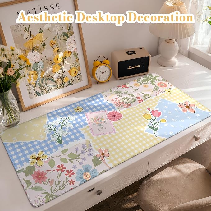 iCasso Aesthetic Checkered Desk Mat with Floral Design, XXL Mouse Pad and Keyboard Mat, Cute Flower Mousepad for Grily Desktop Decor, Office Home Laptop Accessories（Butter Yellow