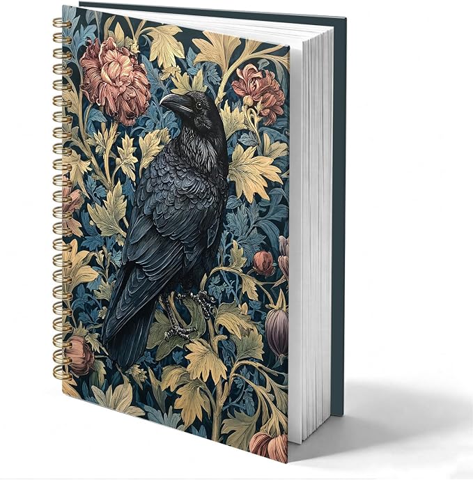 Moody Vintage Black Crow Journal Notebook 5.5x8.3, William Morris Inspired Gothic Raven Journal, Crow Gifts for Women, Dark Academia Floral Notebooks for Work