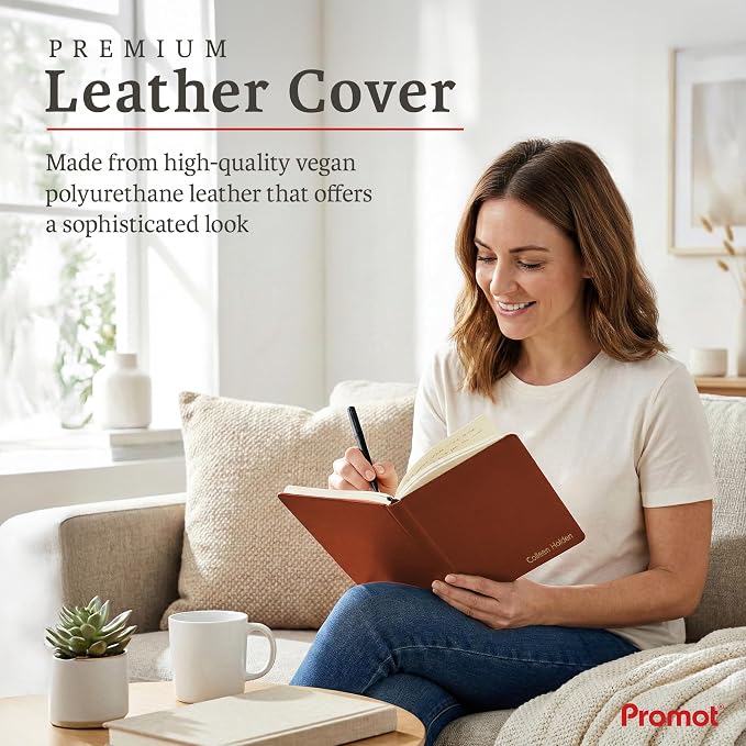 Promot PU Leather Ruled Journal Notebook- Custom Gold Metallic Text (Brown) | Premium Leather-Look Cover, Smooth Lined Writing Pages, Durable Everyday Construction, Lay-Flat Writing Experience