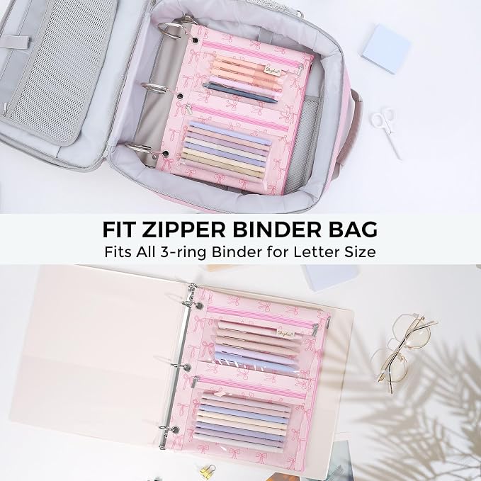 SKYDUE Binder Pencil Pouch for 3 Ring Binder, 3 Compartment Zipper Case, Large Capacity Pen Organizer with Clear PVC Window for School Supplies, Students, Kids & Teachers