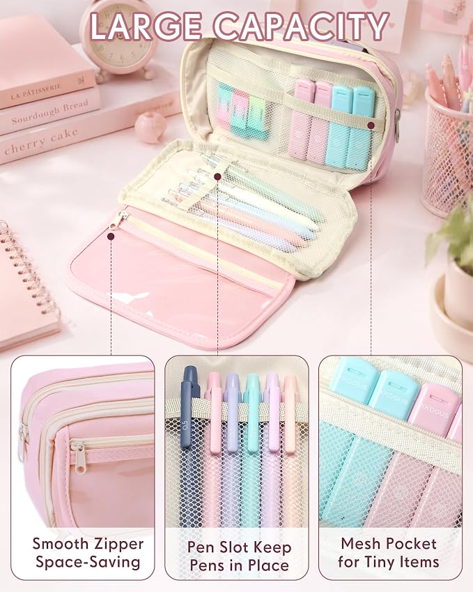 XKDOUS Preppy School Supplies Kit with Large Capacity Pencil Case, 6 Mechanical Pencils 0.5mm & 0.7mm with 240 Lead Refills, 6 Pastel Highlighters, 5 Gel Pens for Stationary College Essentials Gifts