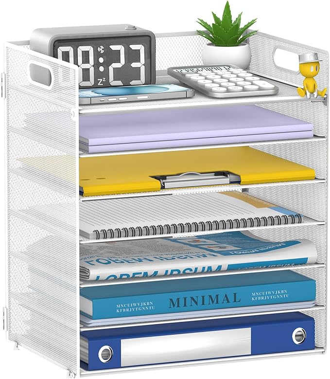 7 Tier Paper Organizer for Desk with Letter Trays & Handle White | Black Desk File Organizer with Handle for Sorting Papers, Files, Folders, Mail, Bills and Office Supplies