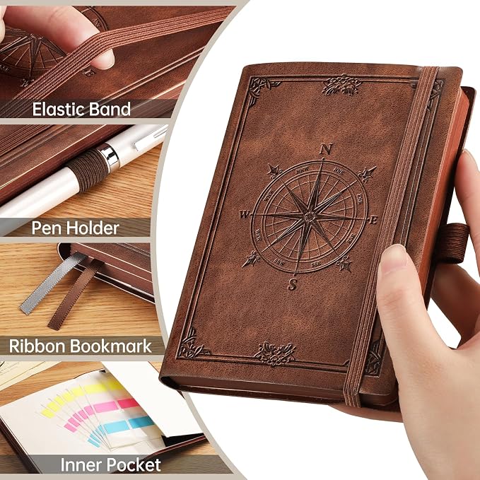AHGXG Small Blank Pocket Notebook, 256 Numbered Pages, B6 (4.1'' X 5.7'') | Mini Journal, Vintage Soft Leather Hardcover, 80gsm Paper, for Men Women Work Office School (Brown)