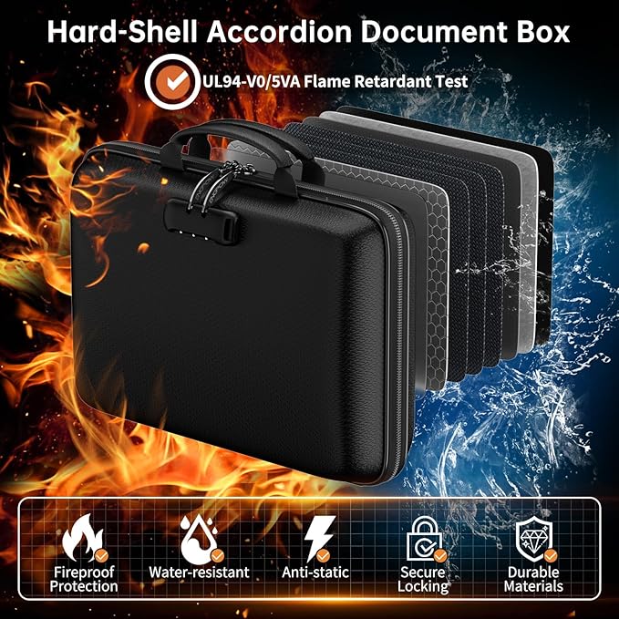 ENGPOW Fireproof Document Box with Lock & 25-Pocket Accordion File Folder | Fire & Water Resistant,Hard Case File Organizer with Handle,Portable Home Office Safe Storage for Important Documents,Laptop
