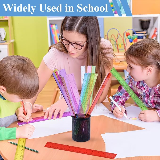 32 Pack Assorted Color Clear Rulers 12 inch, Plastic Ruler Bulks for Classroom, Transparent Metric Rulers for Kids with Inches and Centimeters for School, Home, Office Supplies