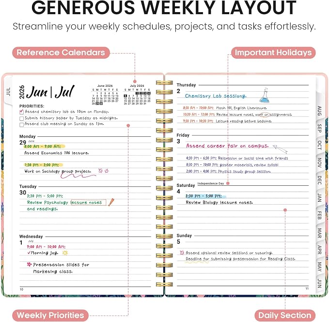 Planner 2026-2027, Academic Year Monthly and Weekly Calendar Planner, Jul 2026 - Jun 2027, Hardcover Teacher Student Planning Agenda book with Tabs, Perfect for School Office Supplies, 8.5" x 11" - Meadow Wanderer