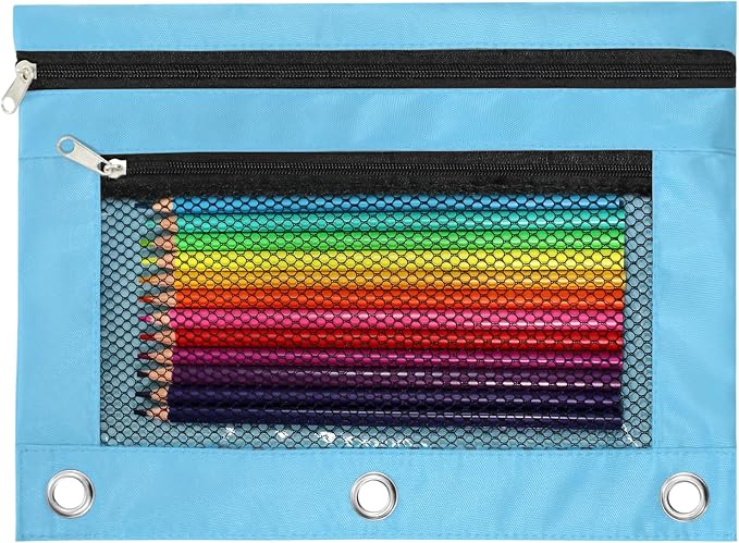 Pencil Pouch for 3 Ring Binder, Heavy Duty Canvas Dual Zipper Pen Bag with Clear Window, Smooth Metal Zipper, Fit Standard 3-Ring Binders for School Office Travel Supplies (Sky Blue)